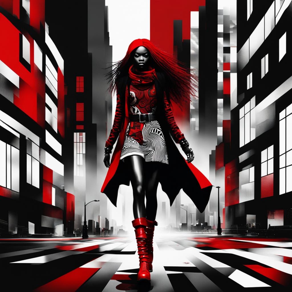 Surreal African Goddess Strolls through Vibrant City