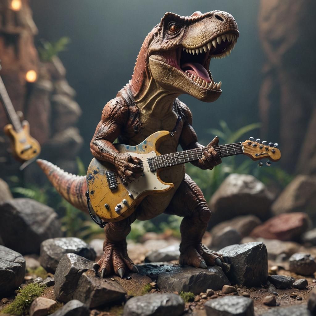 Tilt shift macro photo of a T-Rex dinosaur playing guitar li...