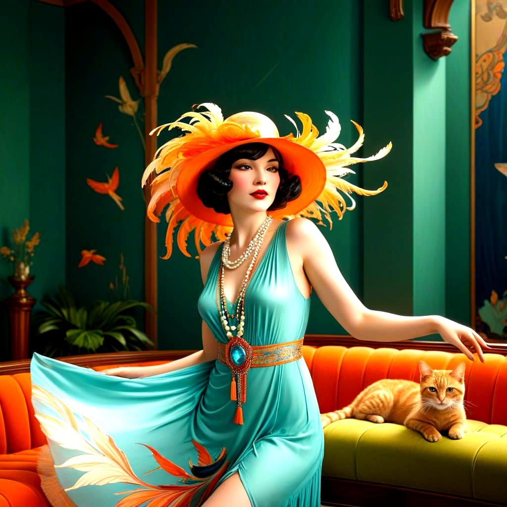Surreal Art Deco Portraits of Happy Flappers, Cats, and Bird...