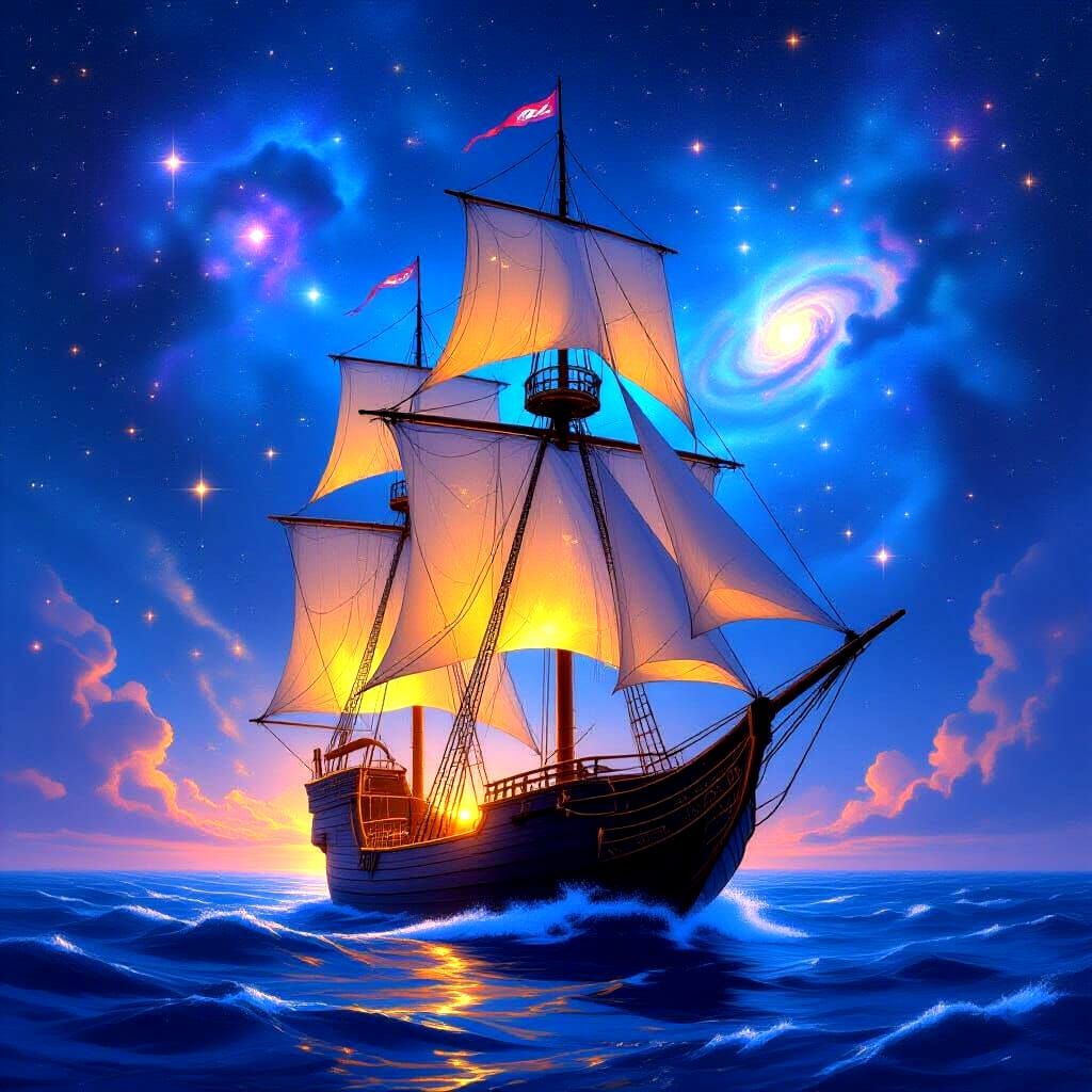 A majestic sailing ship with glowing sails navigates through a sea of swirling nebulae and star clusters. The ship's hull is ancient wood, b...