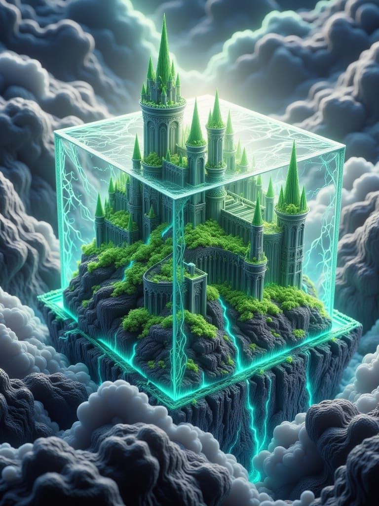 <lora:-Darken-:1.0> a transparent cube with a emerald castle in it flosting in the sunstting slky with fluffy clouds and cinematic lightning...