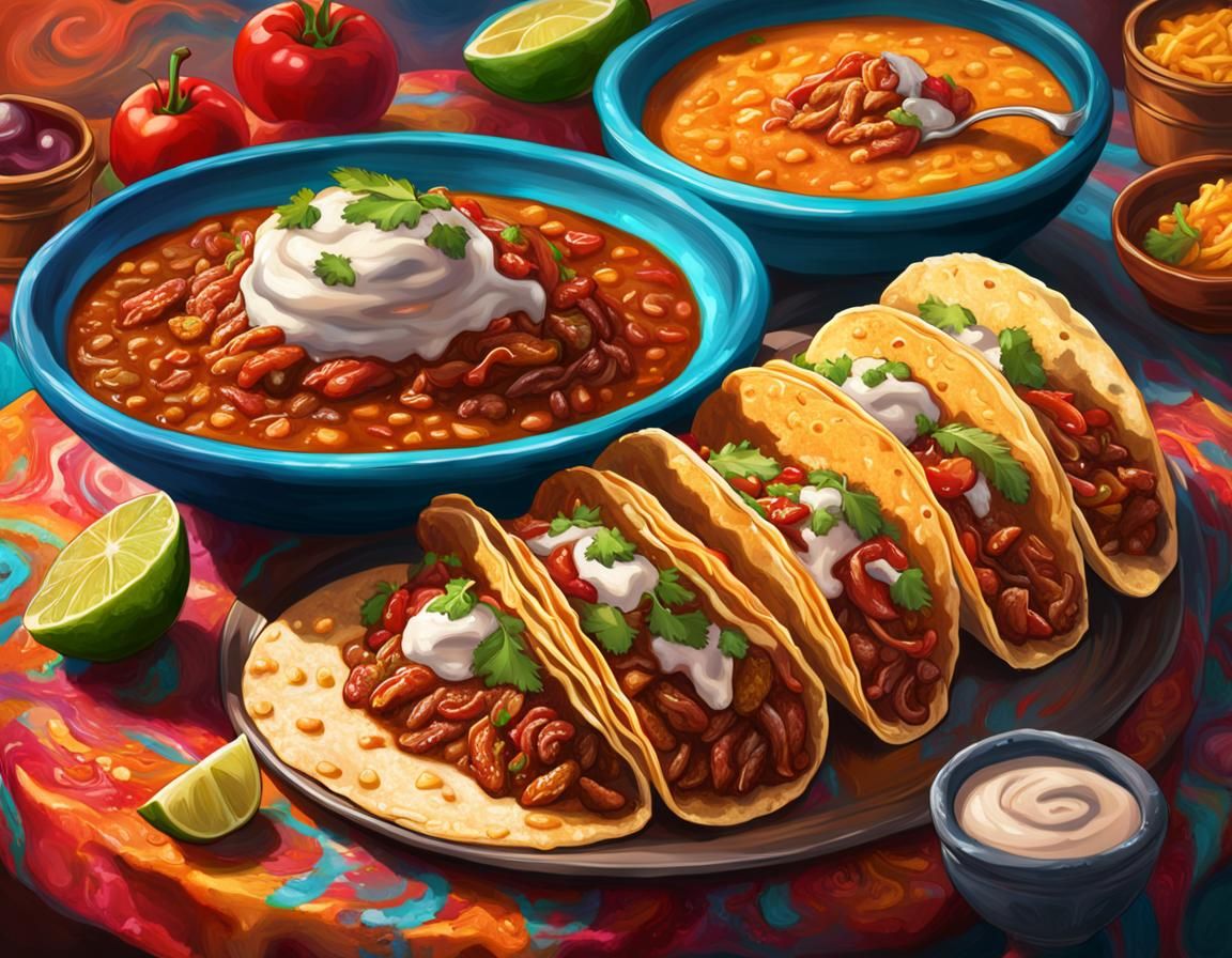 A table full of delicious queso birria tacos Hyperrealistic,...