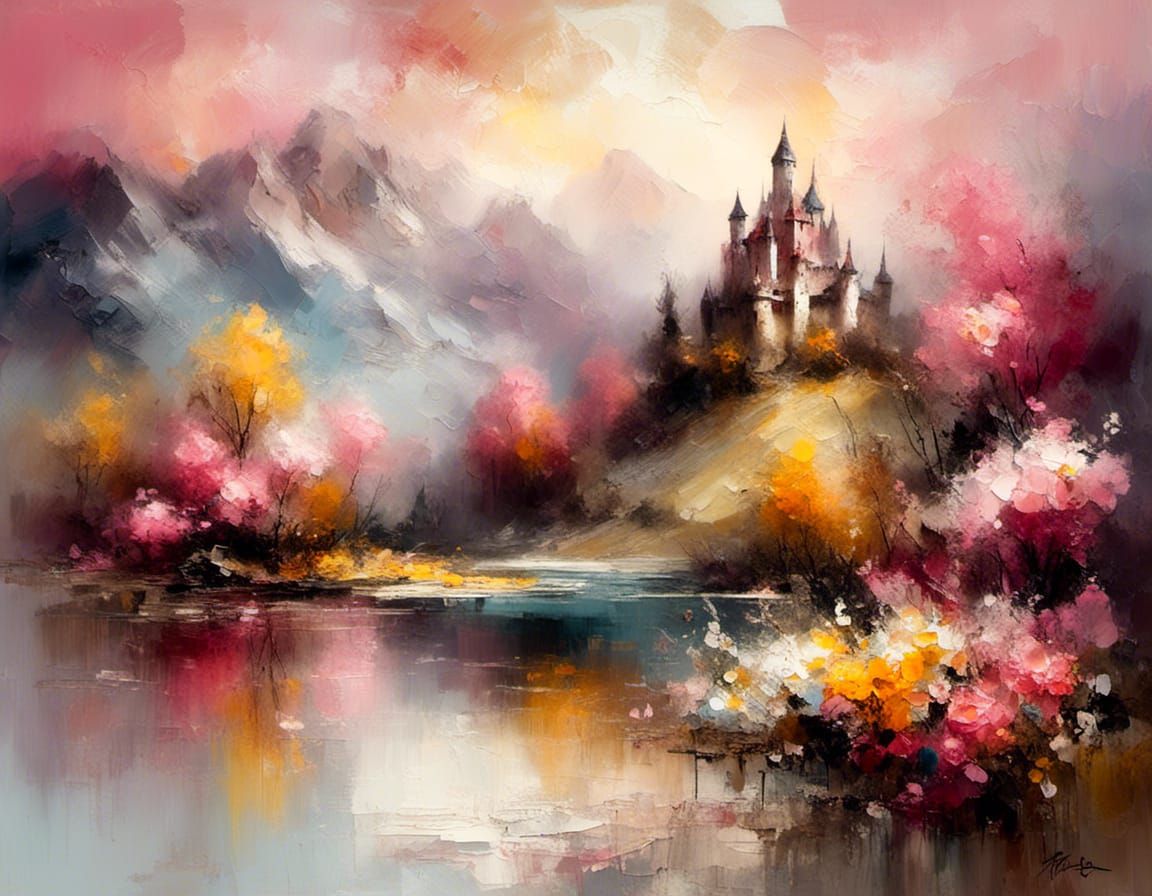 Castle in a foggy landscape