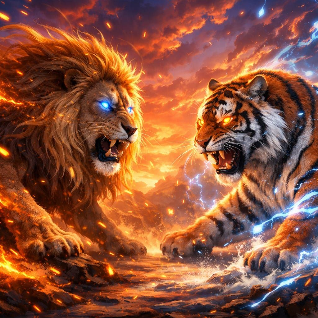Fantasy Lion vs Tiger Showdown in Magical Sunset