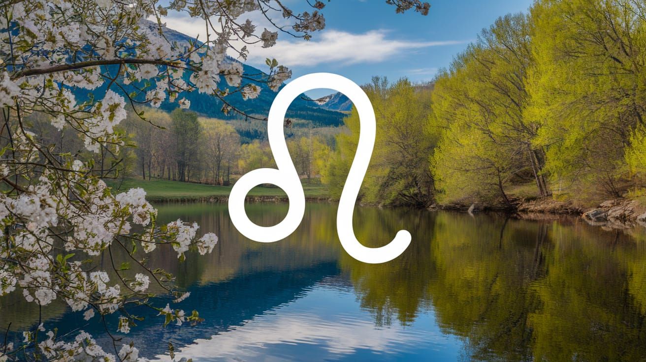 Leo Zodiac Sign in Golden Glyph with Spring Landscape