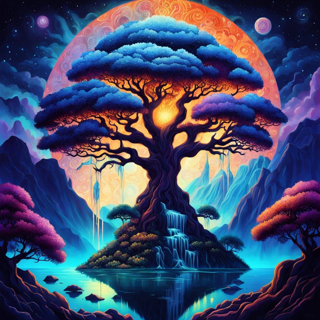 A colossal, ancient tree with bioluminescent leaves glows atop a floating island, encircled by a massive, root-woven ring suspended in midai...