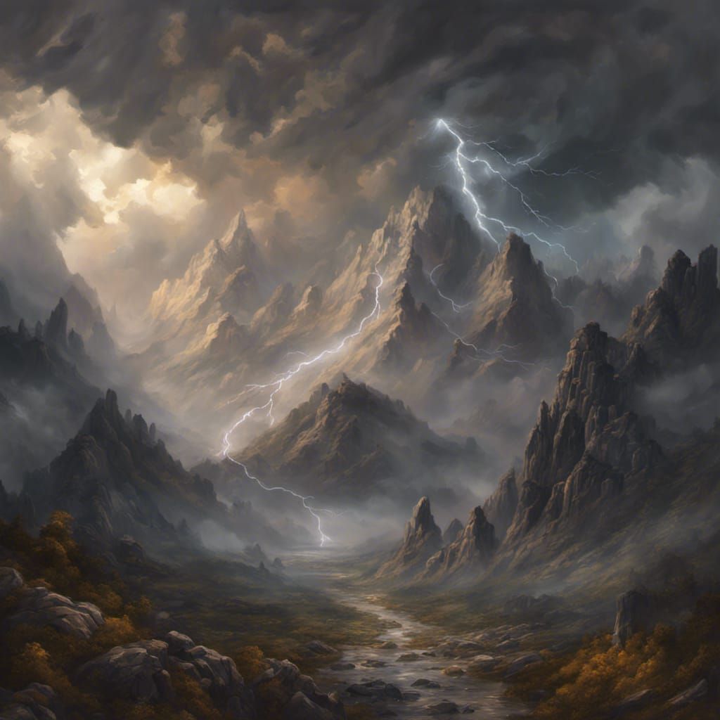 Mountains and Lightning in Antique Oil Painting Style