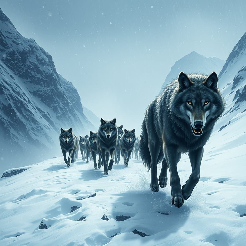 Alpha Wolf Leads Pack Through Snowy Blizzard