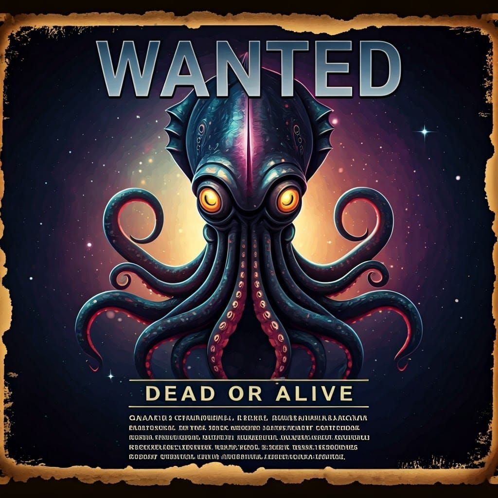 a vintage-style wanted poster set in a futuristic sci-fi universe. The central figure is an intimidating ...  by @JuiceBox