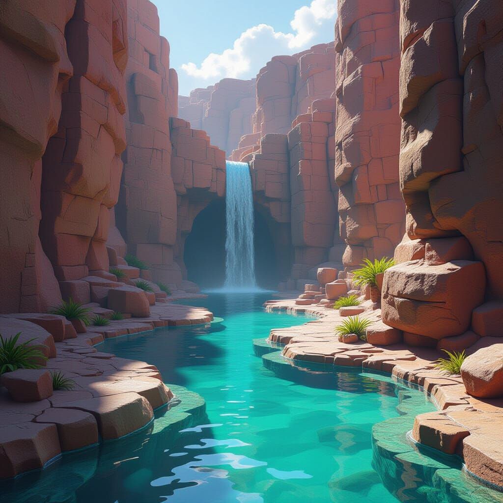 River Flows Into Heart in Cave: 3D Render