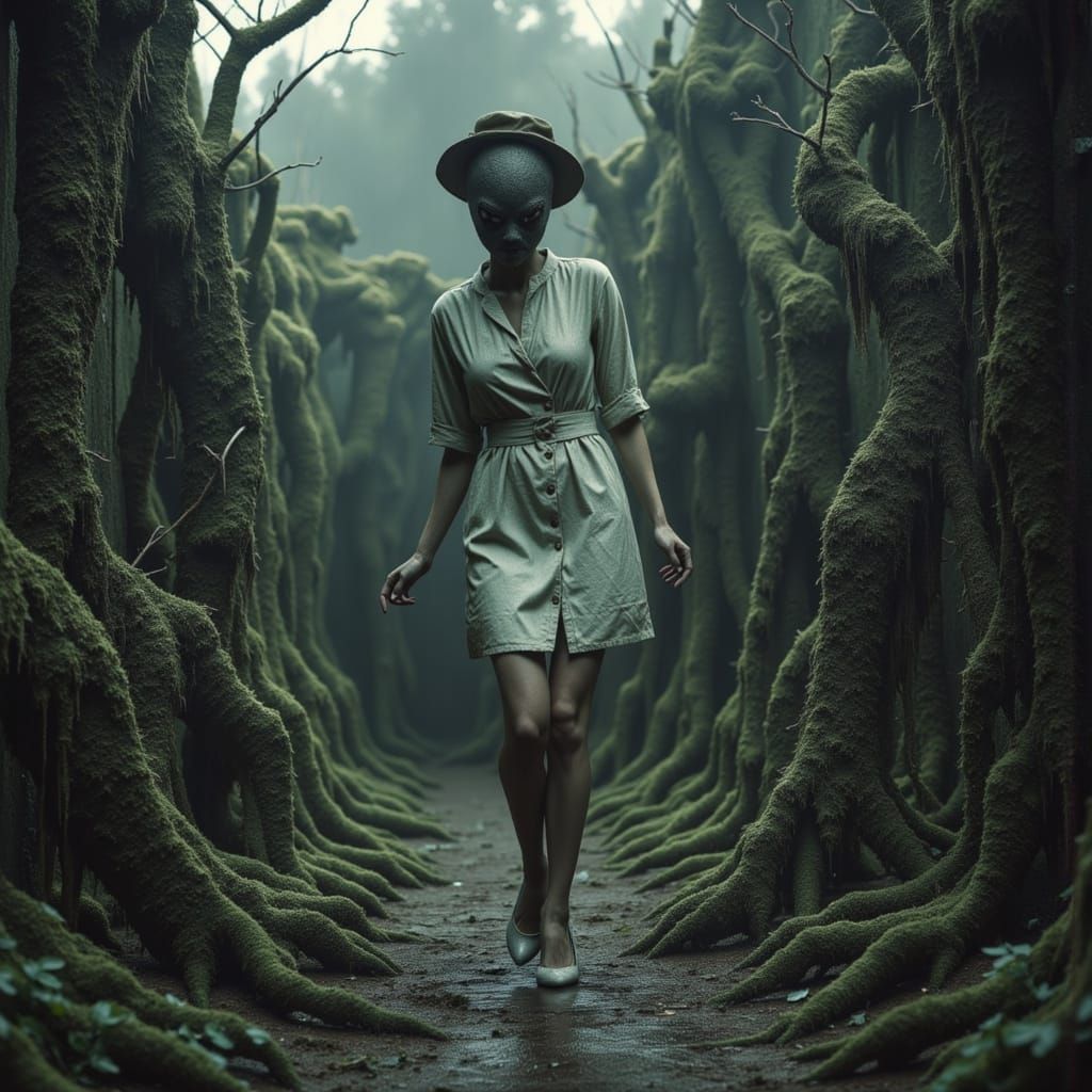 Il fantasma di un' infermiera in un giardino  misterioso con un ruscello. <lora:Silent Nurse:1.0> <lora:Cryptids:1.0> <lora:Flux Water:1.0>