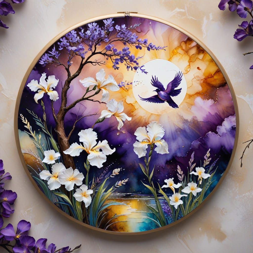  alcohol ink art blue tint, Circular design of clouds, white Iris flowers, and a tree with a purple bird. Surrounded by a gold frame on a bu...
