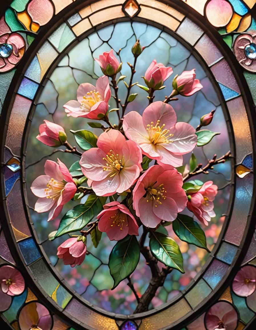 stain glass-oval, small vibrant pink-flowering-quince flower...