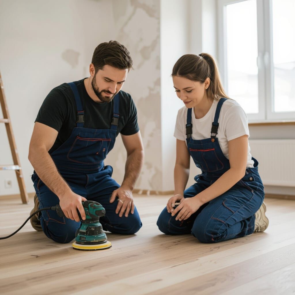 Couple Sanding Wood Floor in Coveralls