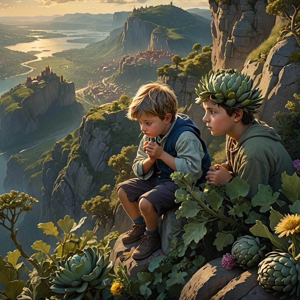 Child Eating Artichoke on Cliff: Whimsical Matte Painting