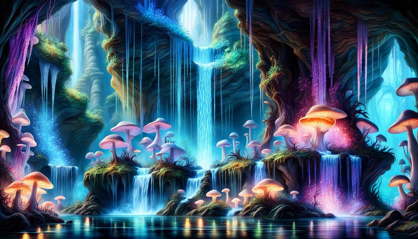 Magical, opalised waterfall in an underground cave system filled with shimmering crystals and bioluminescent, ...  by @Dorian