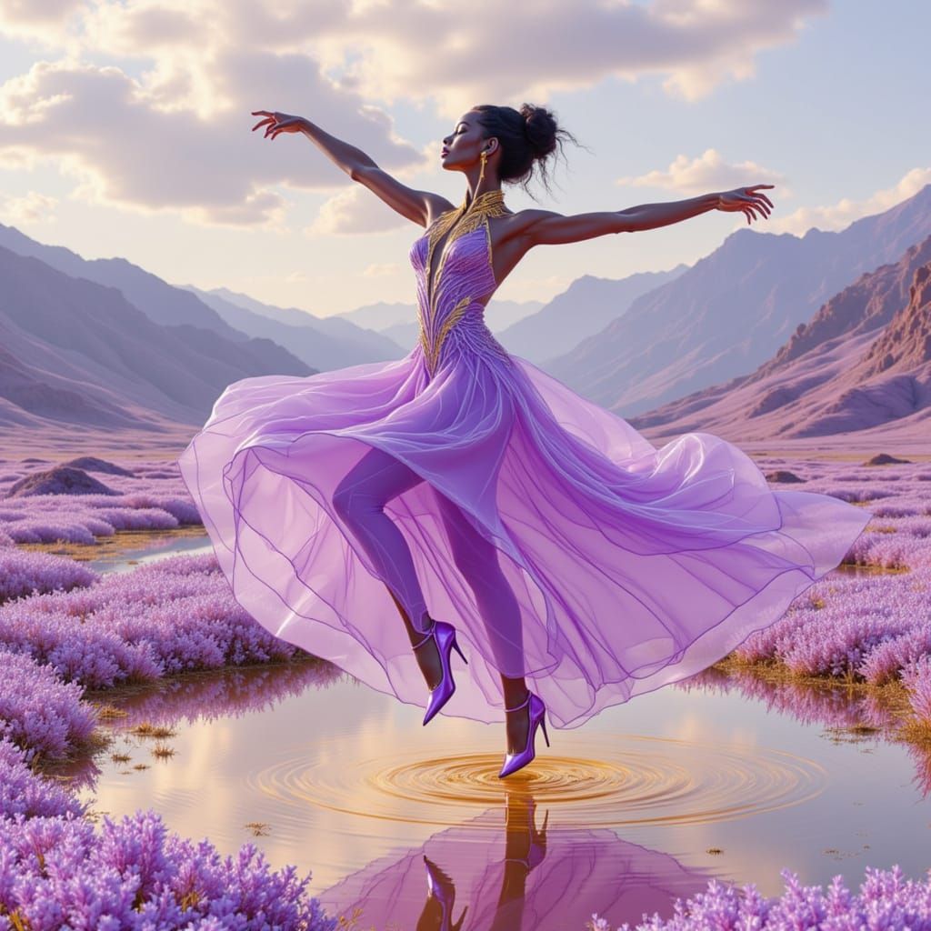 <lora:True Bioluminescence:1.0>   A goddess-like dancer suspended mid-pirouette against an otherworldly landscape of shimmering ferrofluid f...