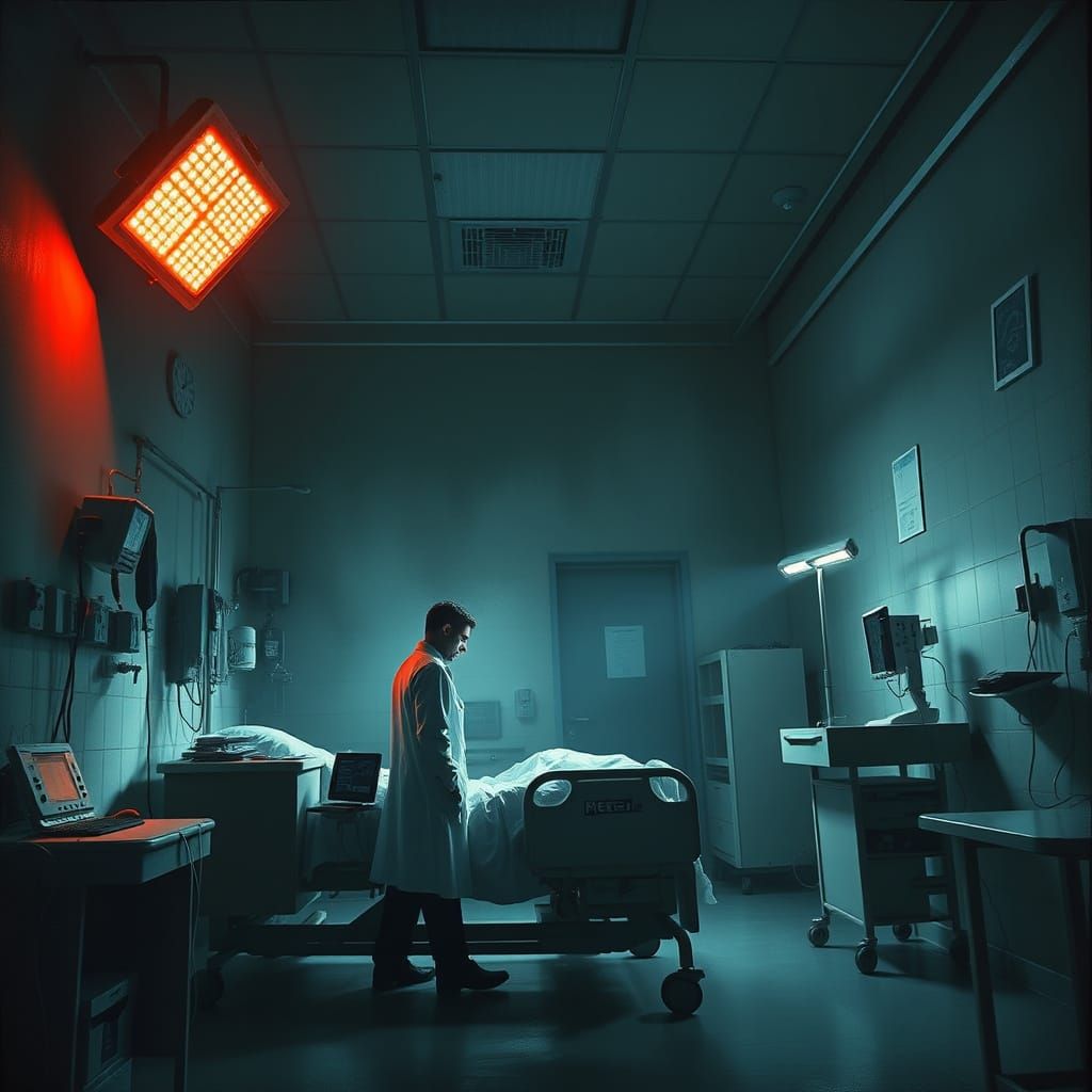 Doctor Tends Patient in Shadowy Hospital Ward