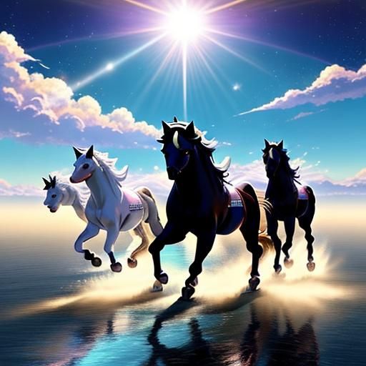 (anime horses:2) running wild by a river under the sunlight - AI ...