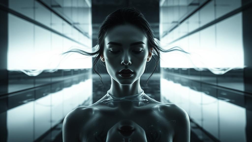 elegantly ephermal white-light dream of a: photo-realistic, full body portrait of a non-generic transient female beauty constructed of liqui...