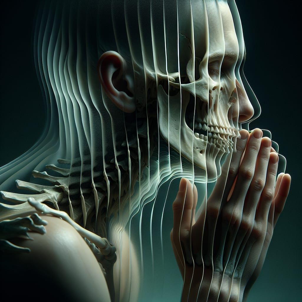 Surreal Hyper-Realistic Figure Fragmented into Skeletal Laye...