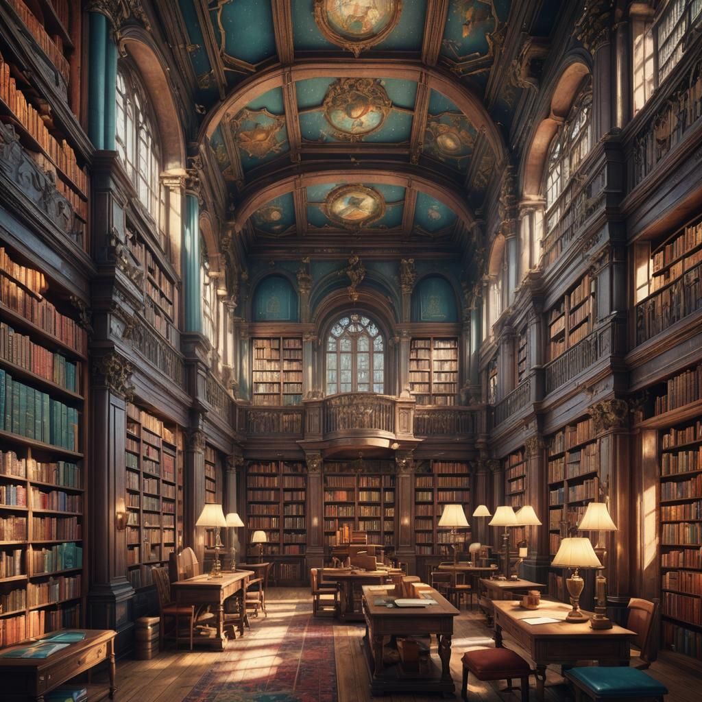 hiperrealistic old colorful library
