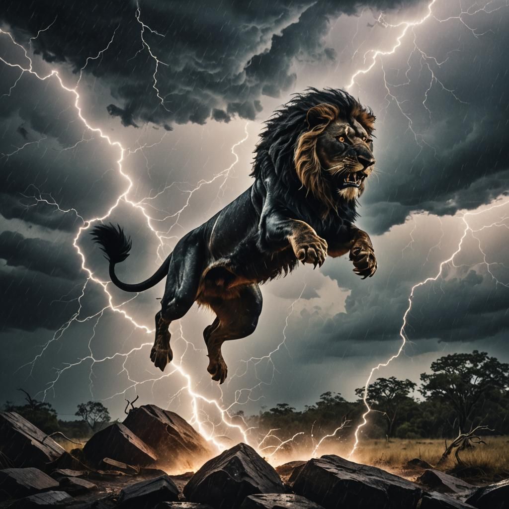Black lion jumping out of a scary storm with lightning