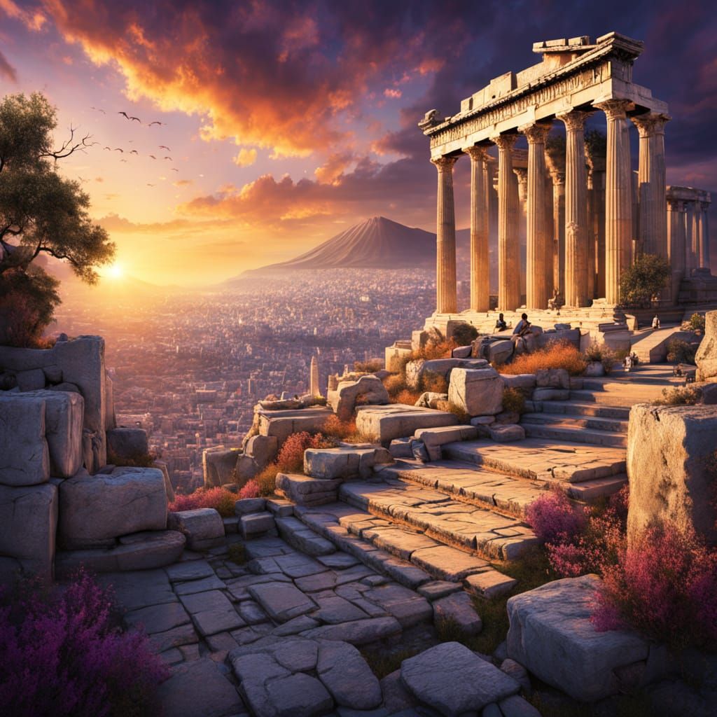Stunning Ancient Athens Cityscape at Sunset in Cinematic Dig...