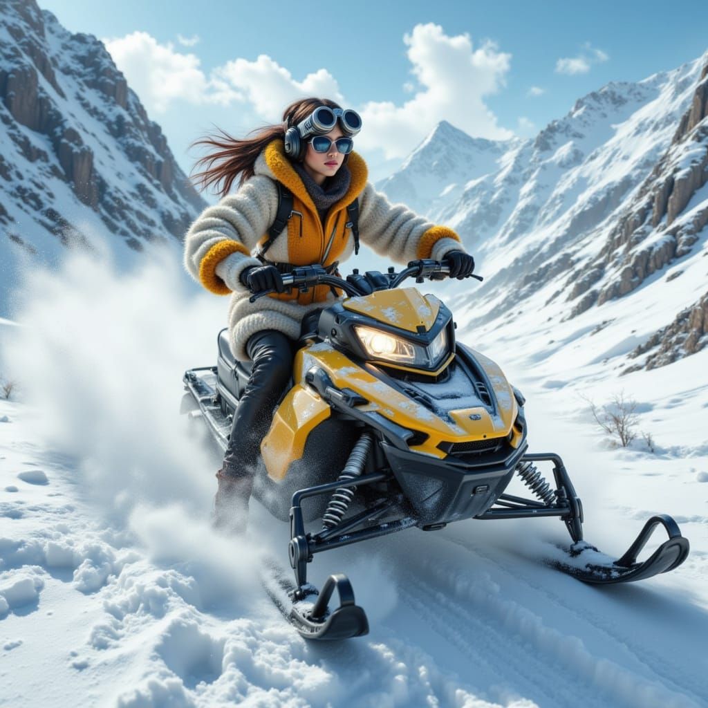 Woman Riding Snowmobile in Mountain Landscape