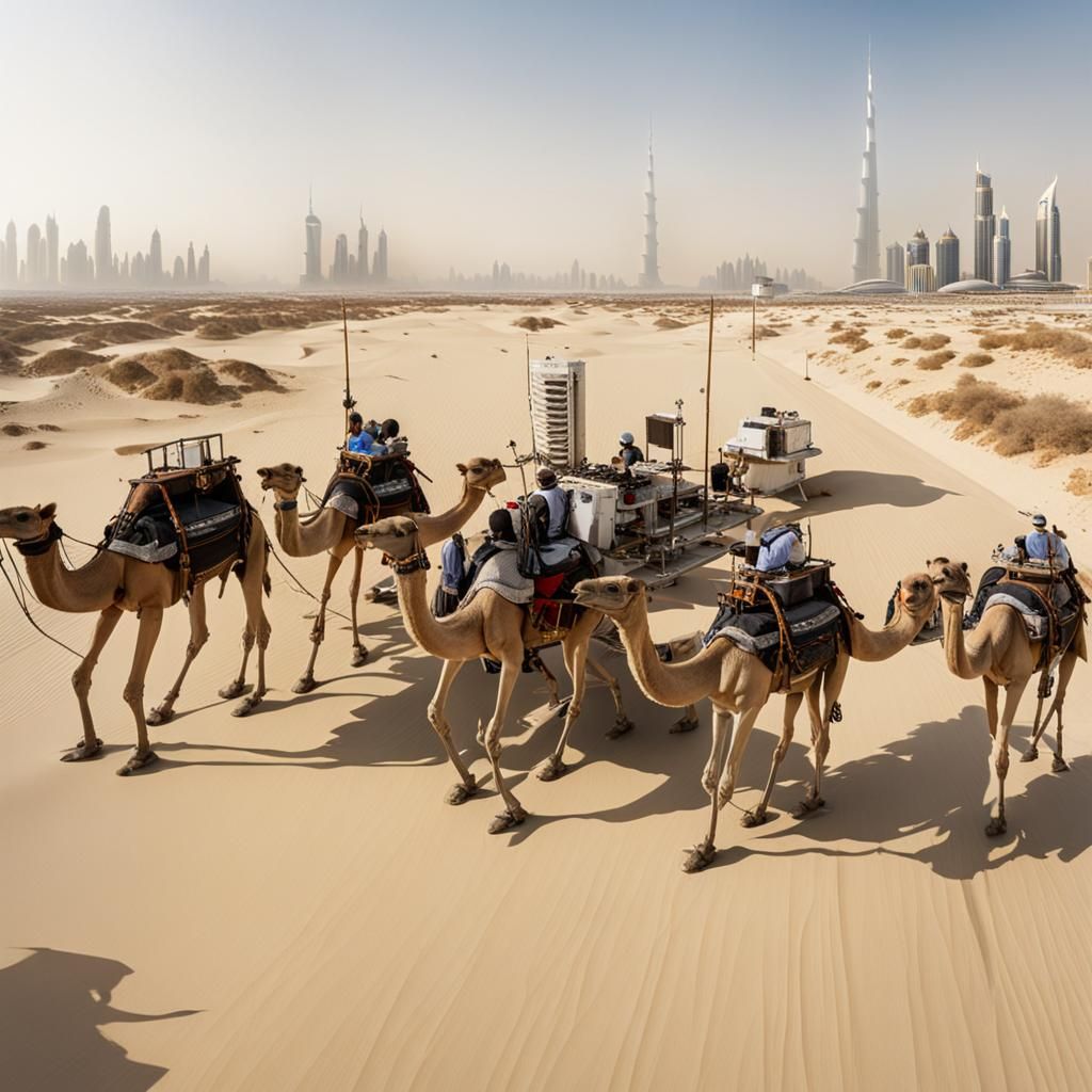 Google street view of Dubai with mechanised camels and flyin...