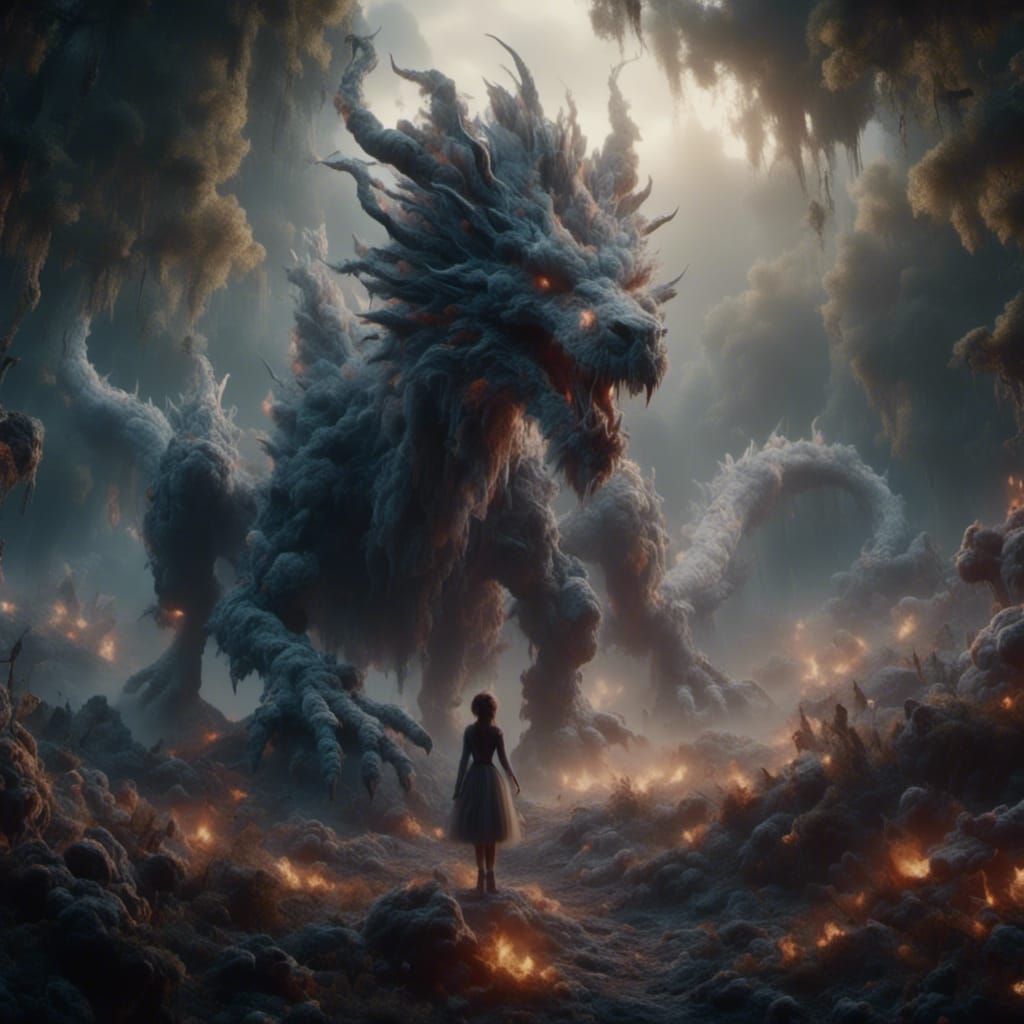 a magnificent dragon looms over a fallen princess