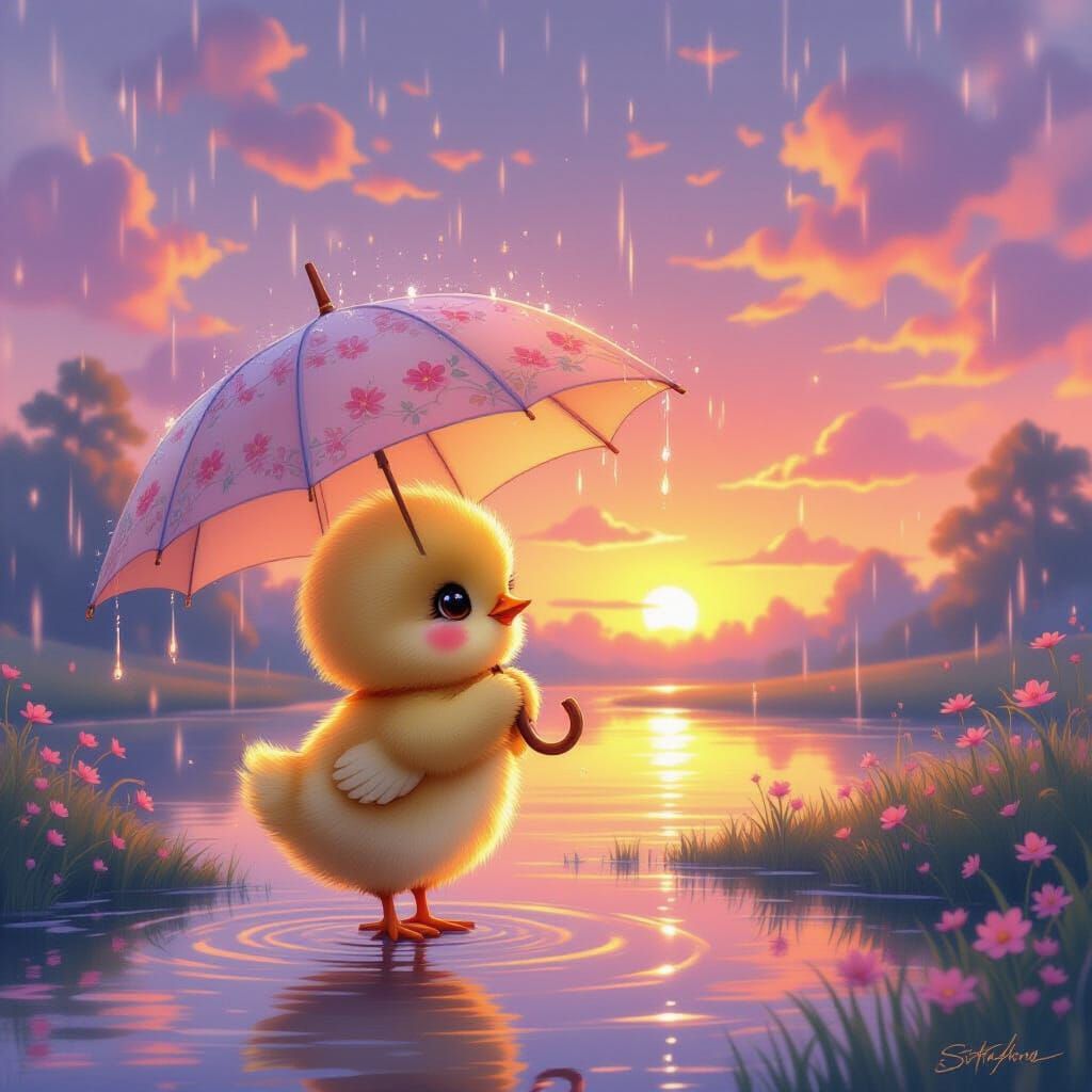Cute Chick Holds Umbrella in Dreamy Sunset Rain