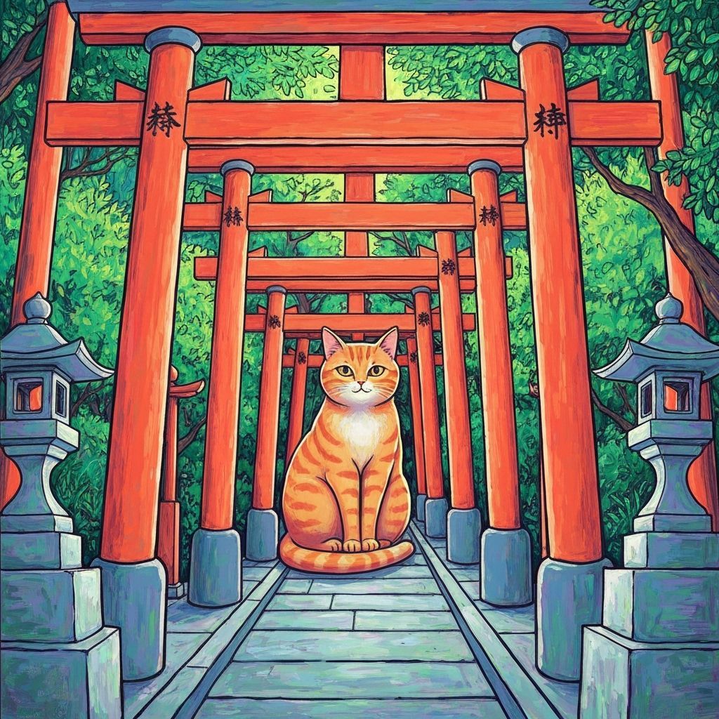 Ginger Cat at Shinto Shrine in Whimsical Style