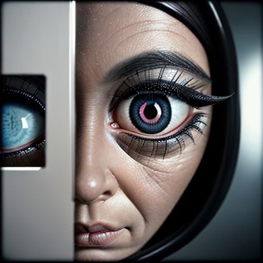 giant eyeballs on the face of an office worker in the office...