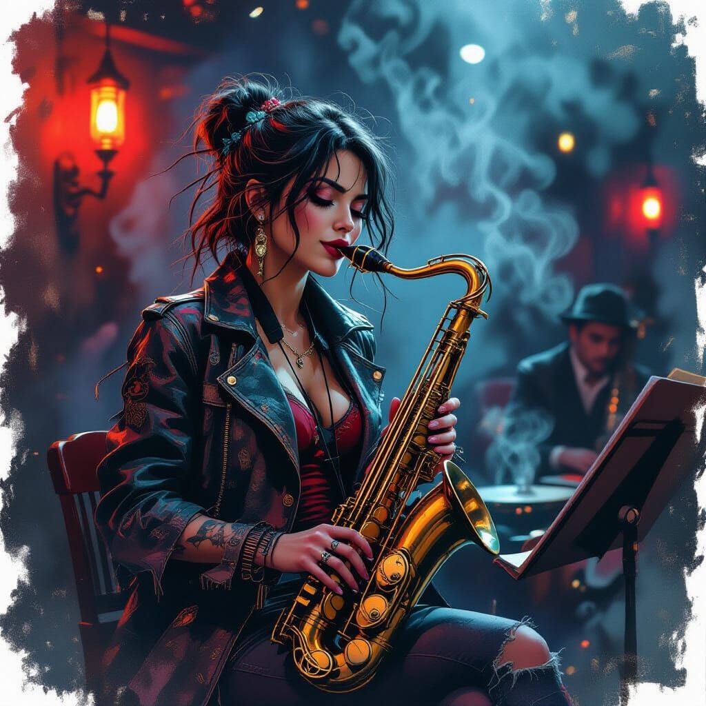 An unconventional fairy, dressed in a tattered beatnik outfit, playing a saxophone in a dimly lit, smoky jazz club. The atmosphere is thick ...