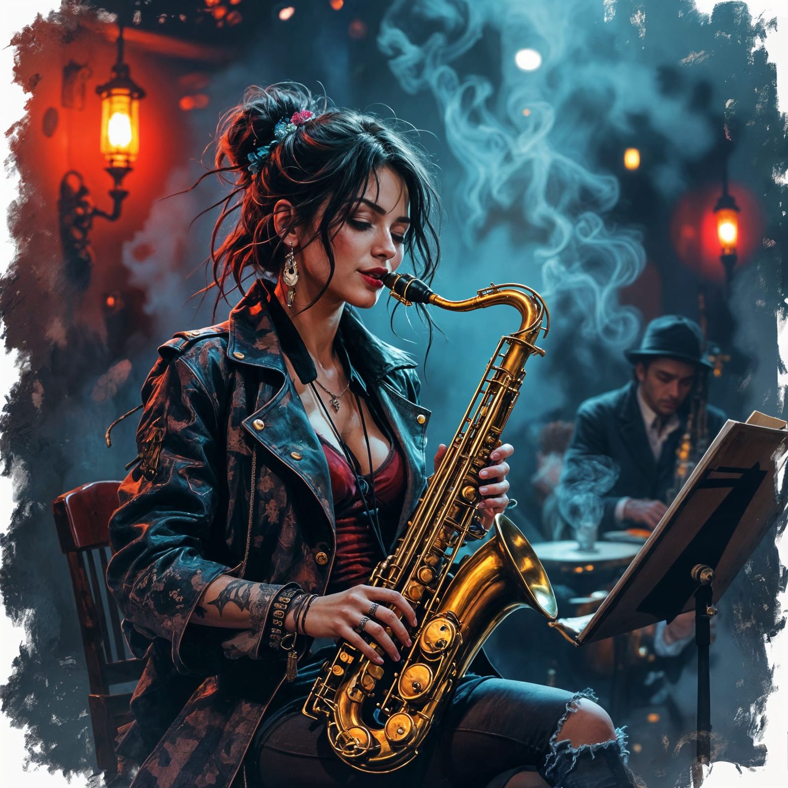 An unconventional fairy, dressed in a tattered beatnik outfit, playing a saxophone in a dimly lit, smoky ...  by @Polly TheNettle