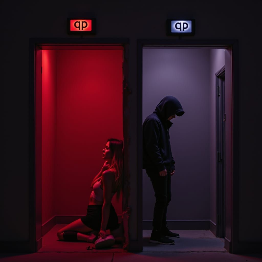 Woman and Man Separated by Wall in Dramatic Chiaroscuro