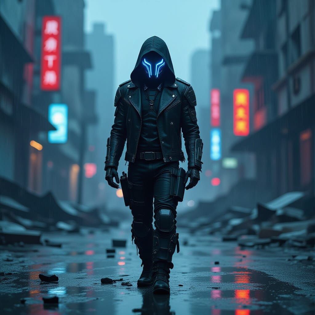 A lone android bounty hunter, clad in a tattered trench coat, stands on a rain-slicked rooftop overlooking a sprawling, decaying metropolis.... - Start Image 2