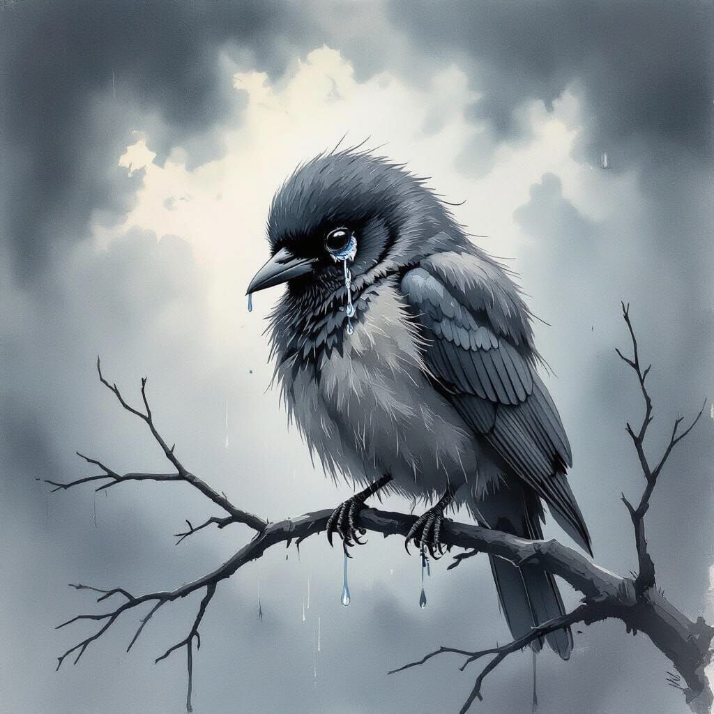 Sad Lonely Bird in Stormy Watercolor Landscape