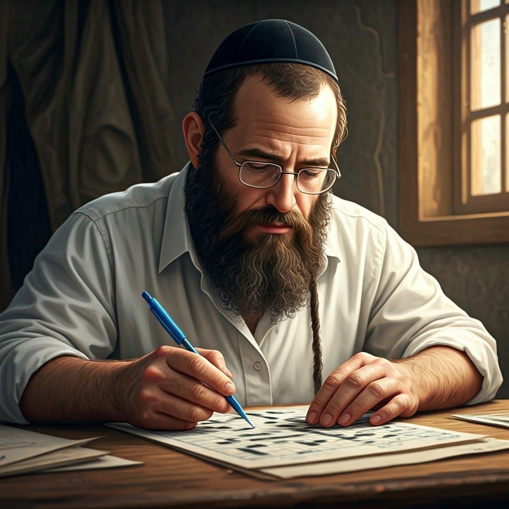 Orthodox Jewish Man Solving Crossword Puzzle