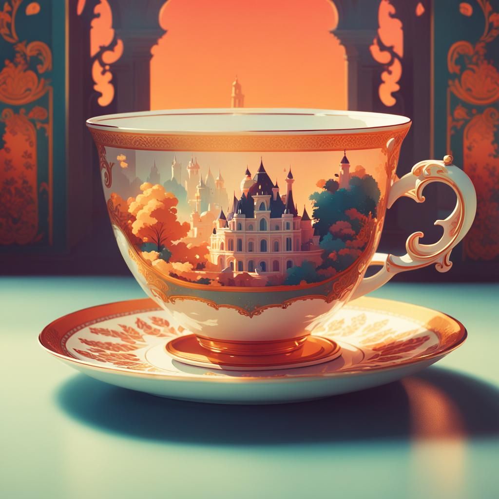 Miniature Fairytale Teacup: Rococo Art Nouveau Digital Paint...