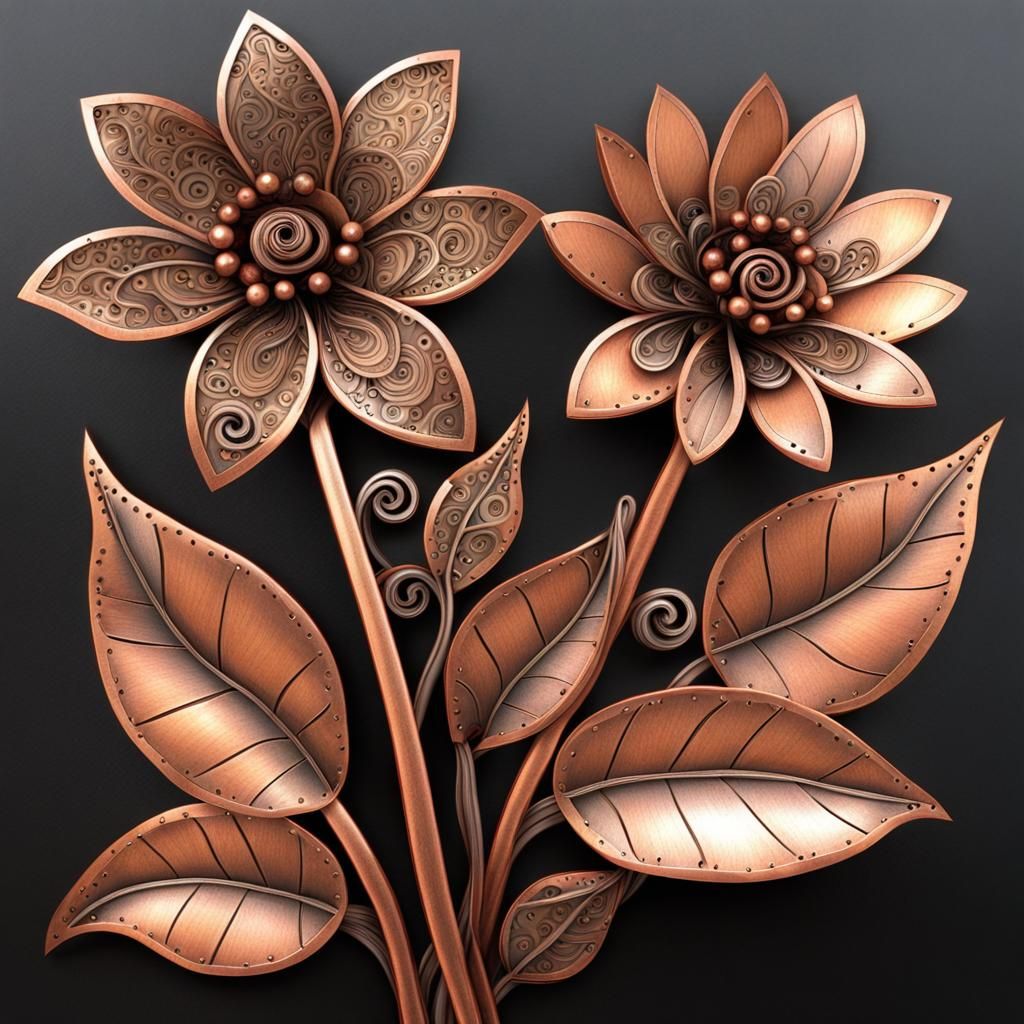 3D Metal copper zentangle flowers with rusted metal leaves and stems  by @Carol