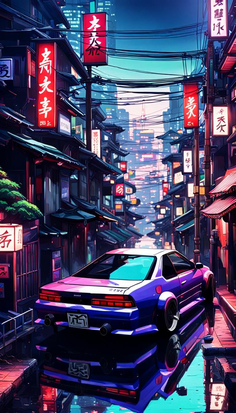 A Pandem Honda Prelude parked in cyberpunk Japanese street, ...