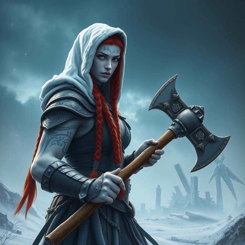 A female Goliath Barbarian with albino skin with black tribal tattoos with bright red Viking braided hair covered by a s...