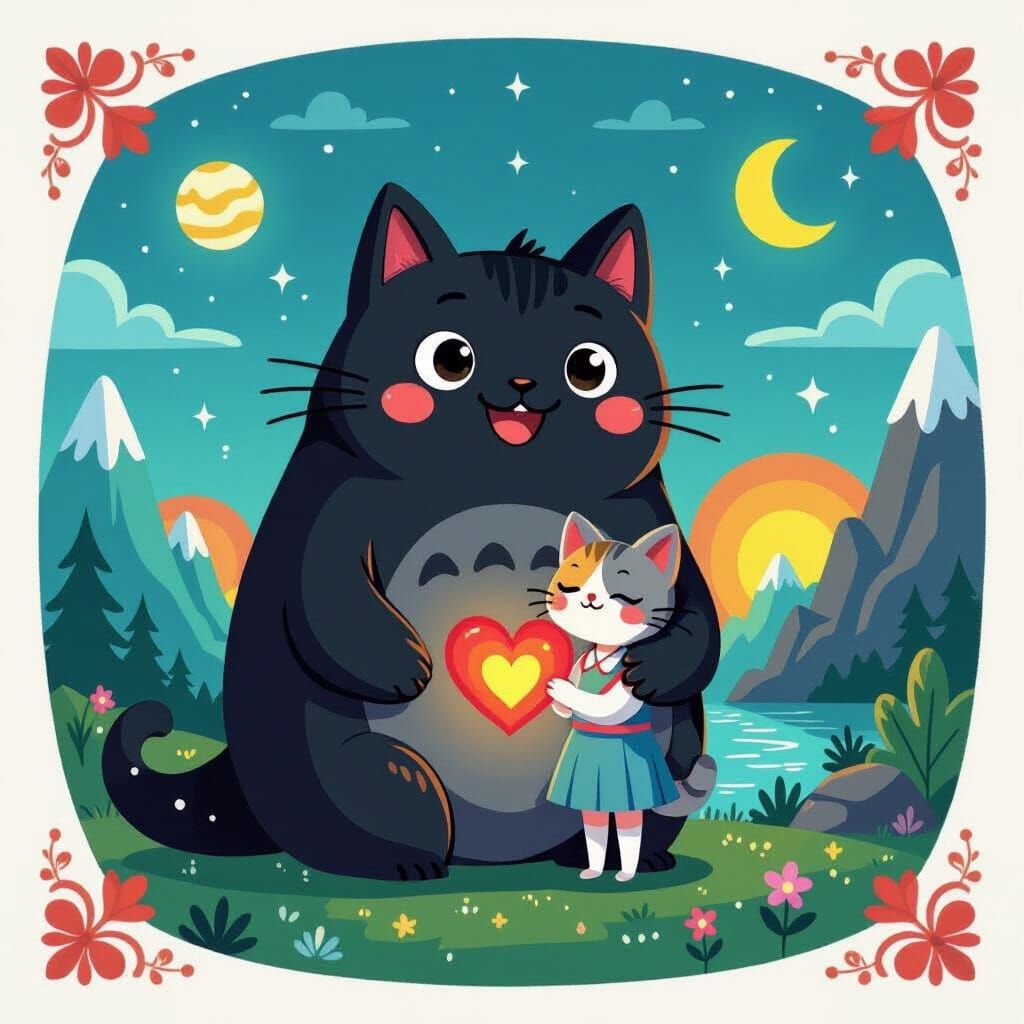 Bat Boy and Girl Embrace Amidst Volcanic Sunset