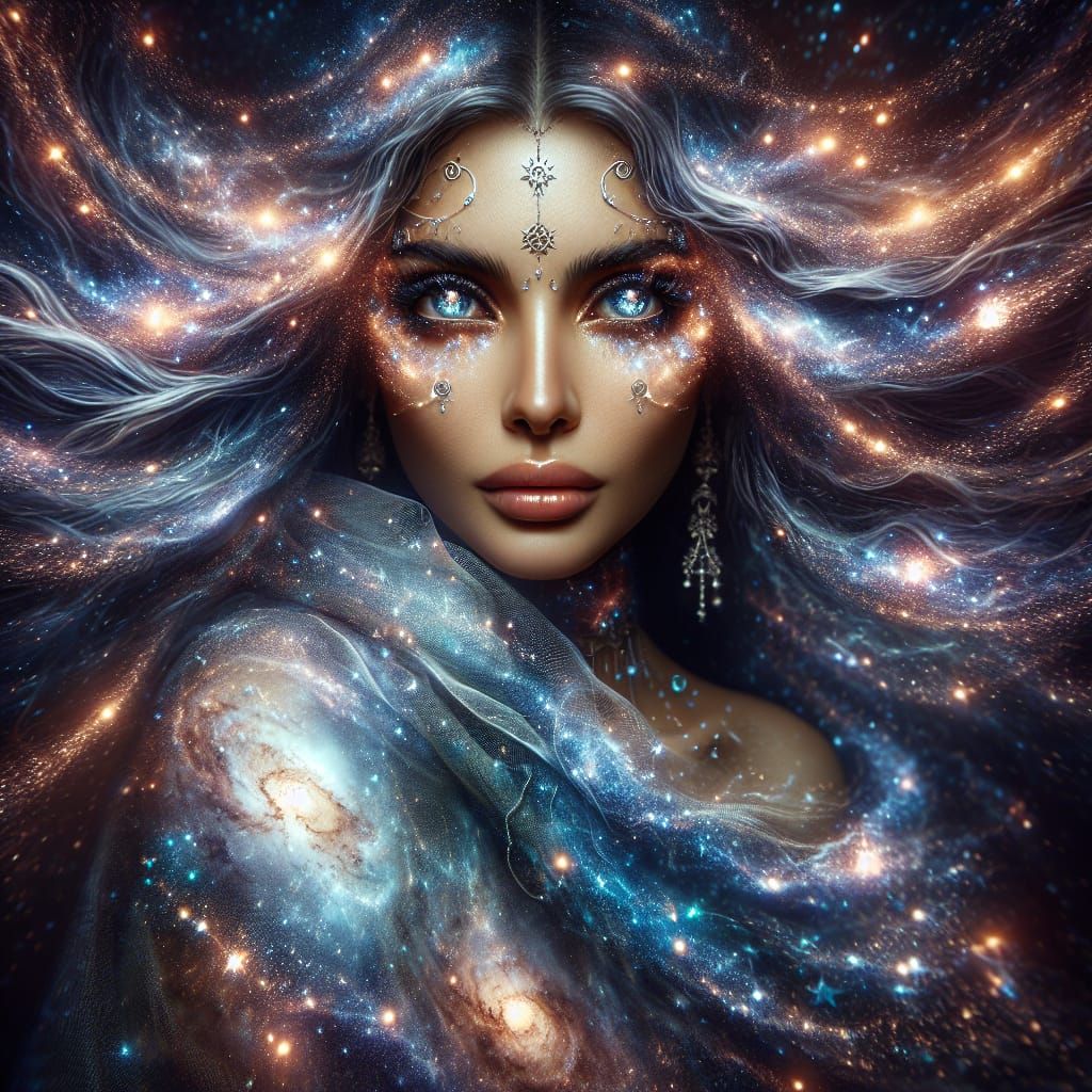 Imagine a stunning woman, a deity in human form, with eyes that are a ...