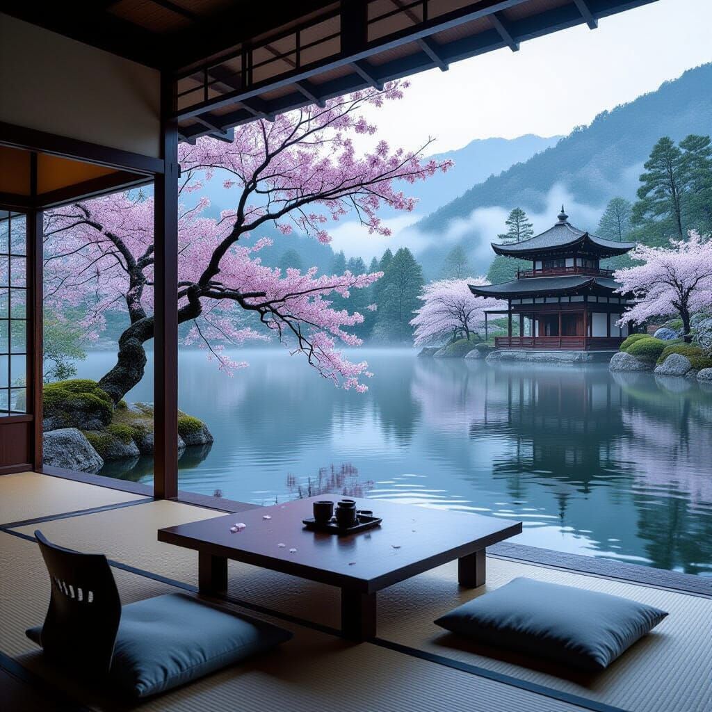 A serene Japanese teahouse nestled beside a tranquil mountain lake, with mist gently rolling off the ...  by @TM