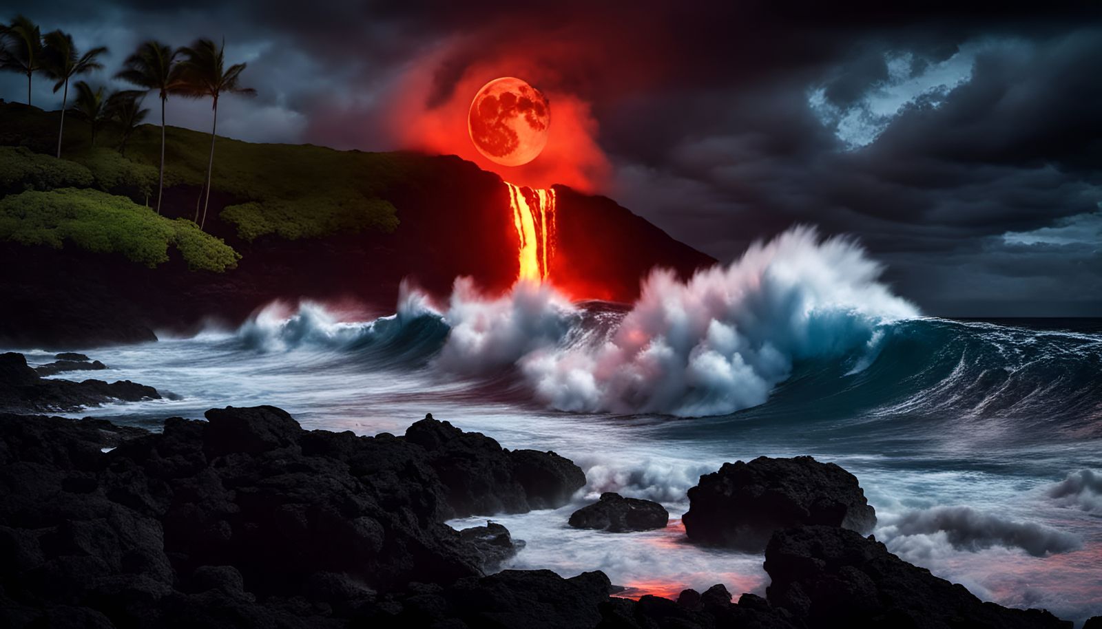 Spooky Hawaiian landscape, glowing red lava flowing into the...