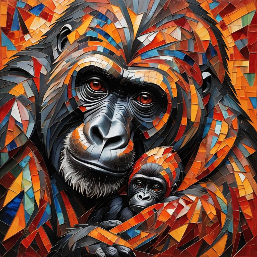 Gorilla mom and baby stain glass
