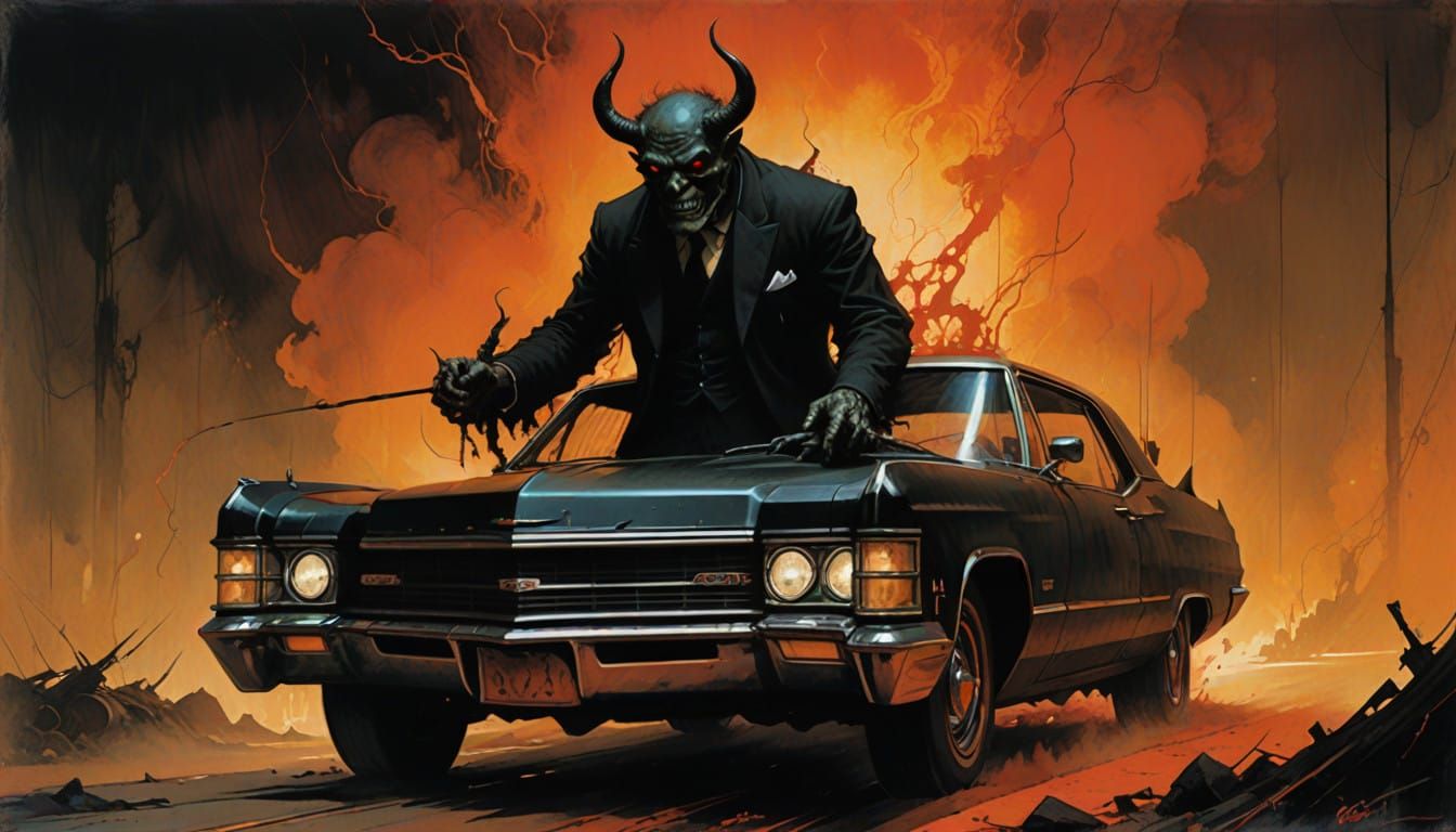 Towering Devil in a Brand New Cadillac, Dark Gothic Illustra...